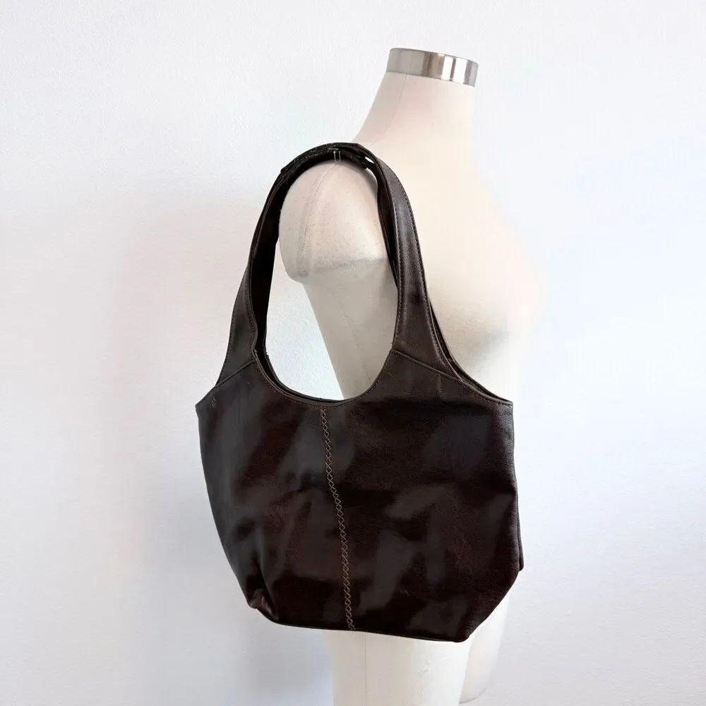 Brown Leather Y2K Shoulder Bag Purse Snap Whipstitch Basic
